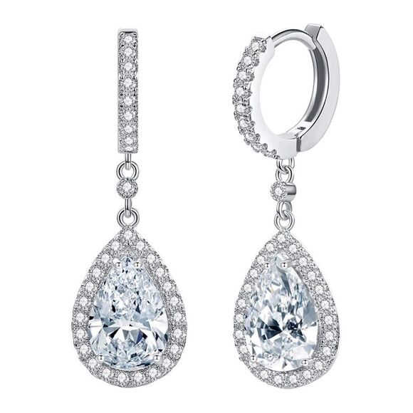 Silver CZ Teardrop Hoop Earrings - Picture 3 of 4